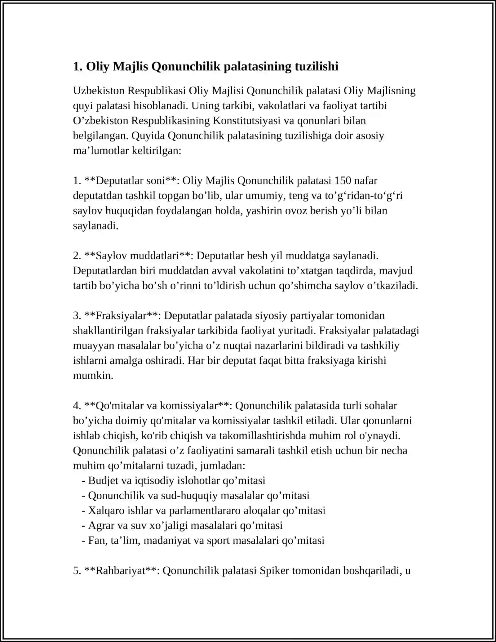 MUSTAQIL ISH Mavzu: OLIY MAJLIS QONUNCHILIK PALATASINING HUQUQIY HOLATI 3