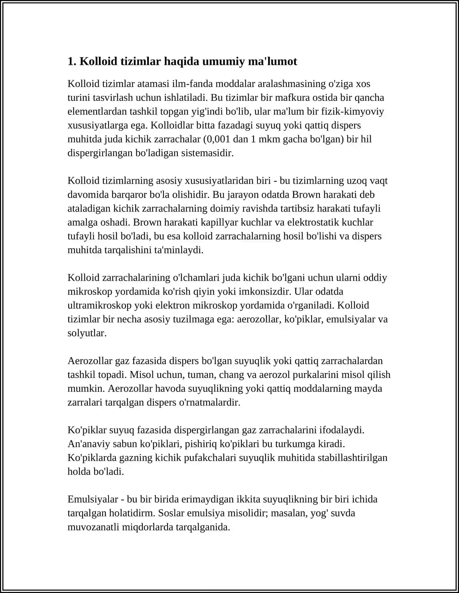 KOLLOID SISTEMALARNI OLISH USULLARI. MAYDALASH VA KONDENSATLASH. KOLLOID SISTEMALARNI TOZALASH 3