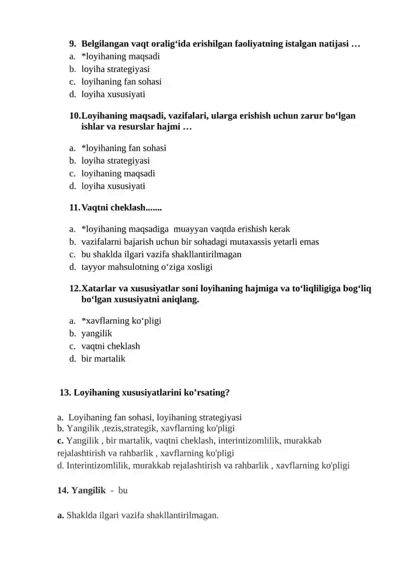 Akademik yozuv fanidan "LOYIHA. Loyiha tavsifi" mavzusida test savollari (javoblari bilan) 3