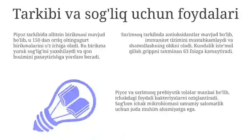 Piyoz va sarimsoqning sog'liq uchun foydalari va tarkibi 3