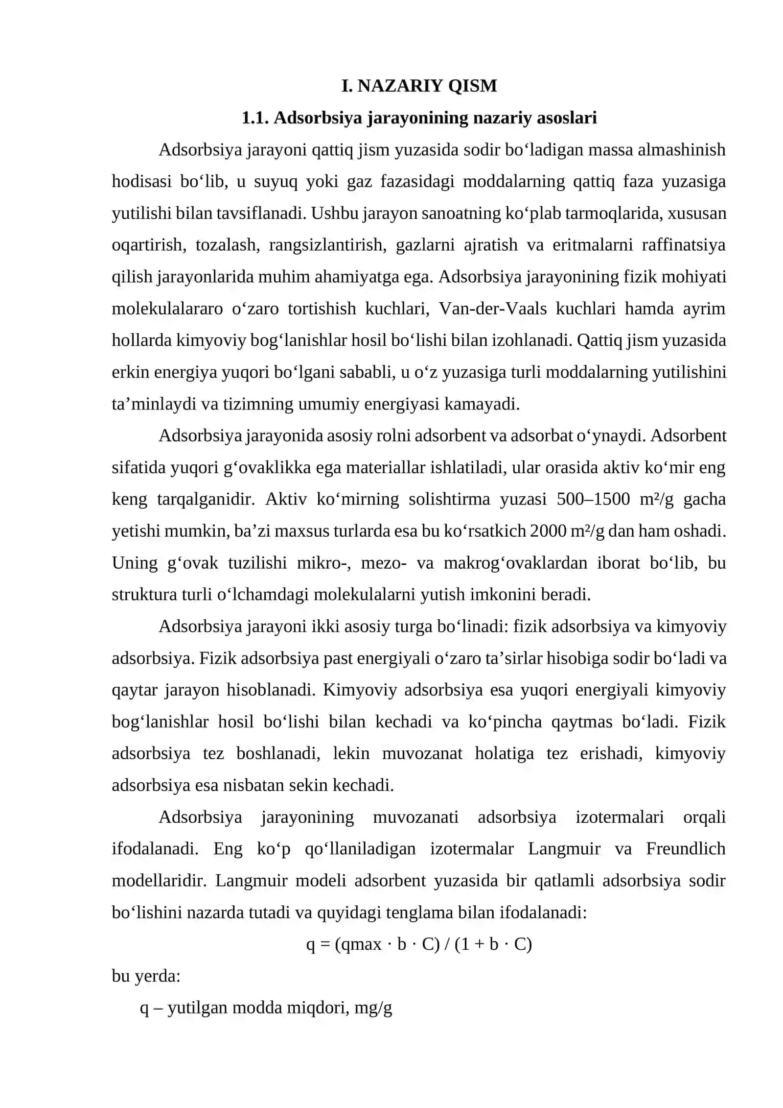 Oqartirish jarayonida adsorber (aktiv ko'mir) ni hisoblash. G = 0.7 kg/soat 3