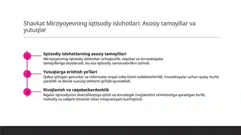 Shavkat Mirziyoyevning iqtisodiy islohotlari va rivojlanish strategiyalari 3