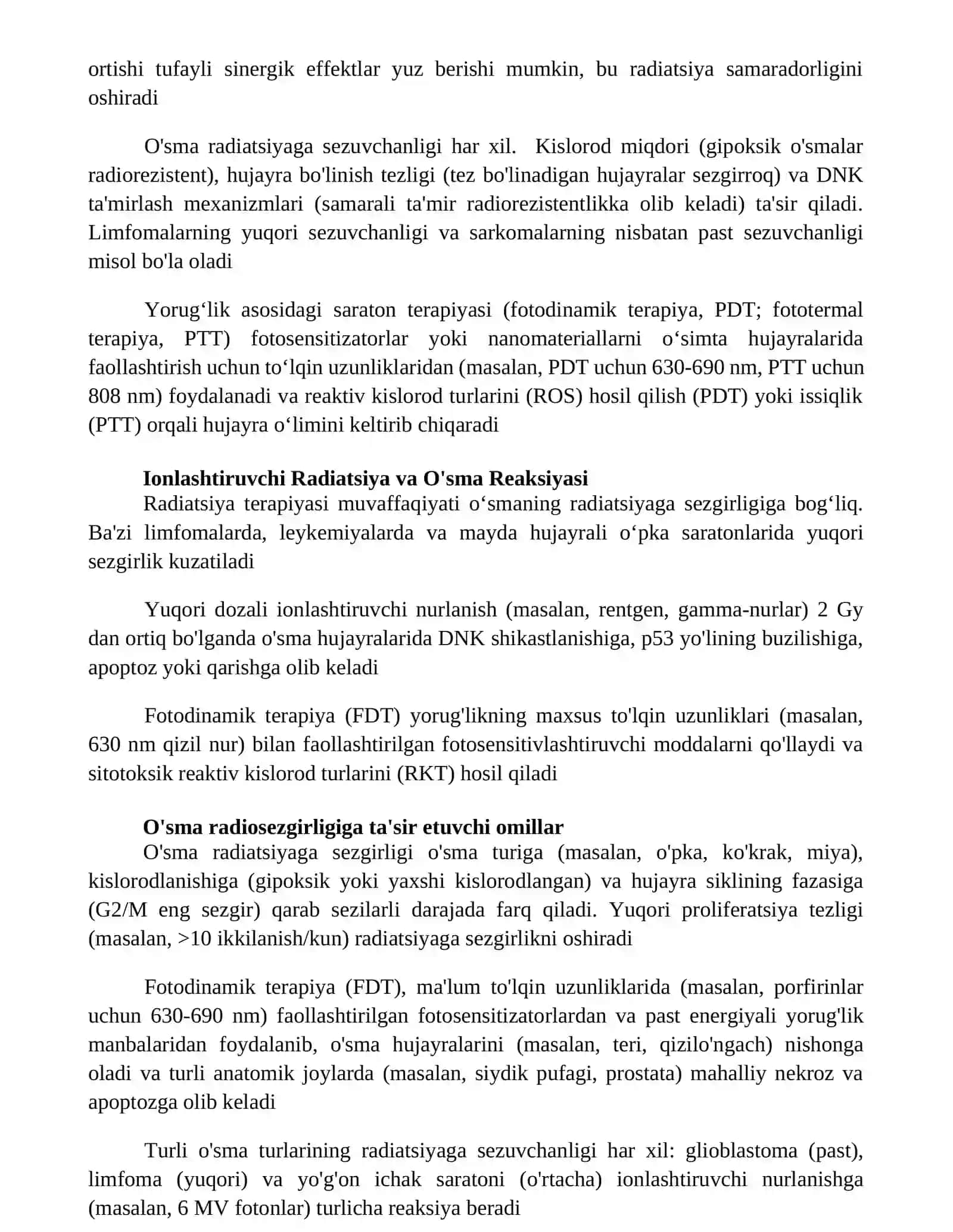 Oʻsmani nur bilan davolash.turli oʻsmalarni radiosezgirligi 3
