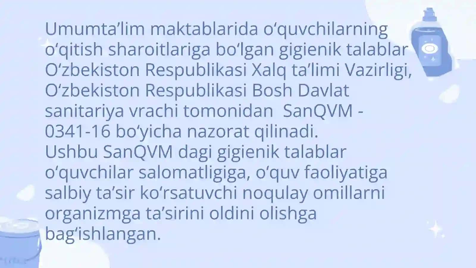 MAKTABLARNI JIXOZLASHGA VA O'QUV QUROLLARIGA BO'LGAN GIGIYENIK TALABLAR.MAKTABDA O'QITISH VA TARBIYALASH SHAROITLARINI  OPTIMALLASHTIRISH  ASOSLAR 3