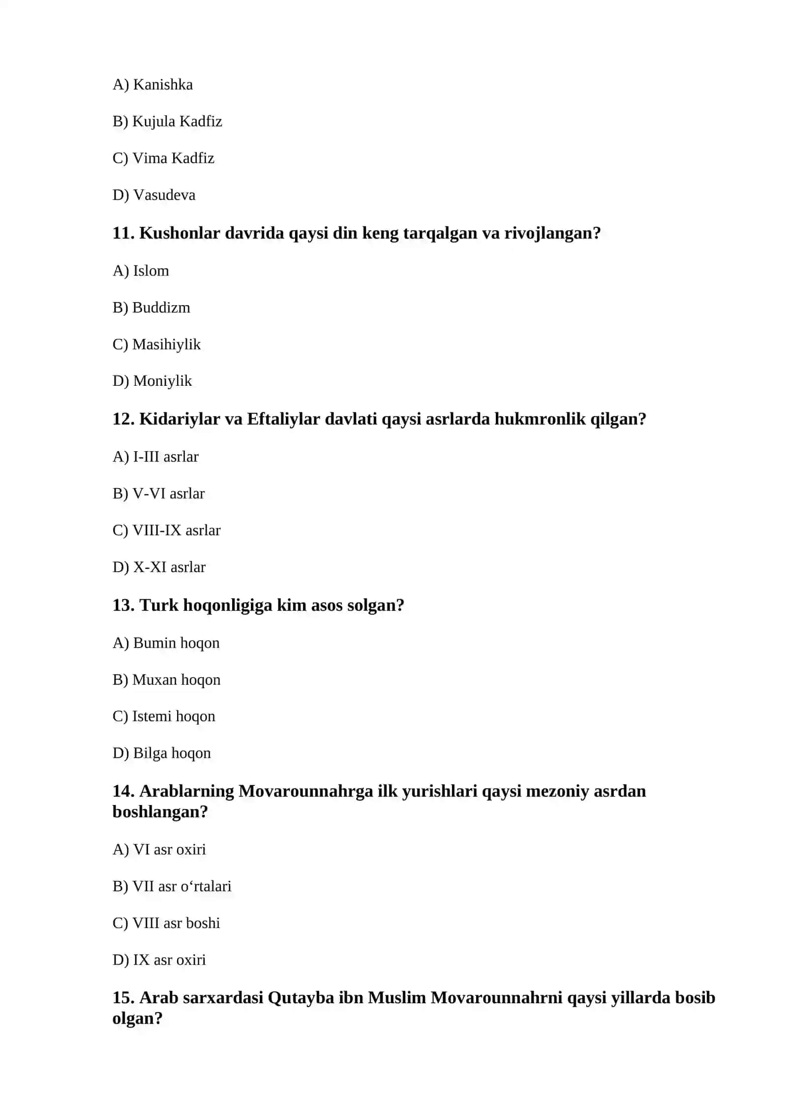 O‘ZBEKISTON TARIXI FANIDAN TEST SAVOLLARI (100 ta savollar javoblar kaliti bilan) 3