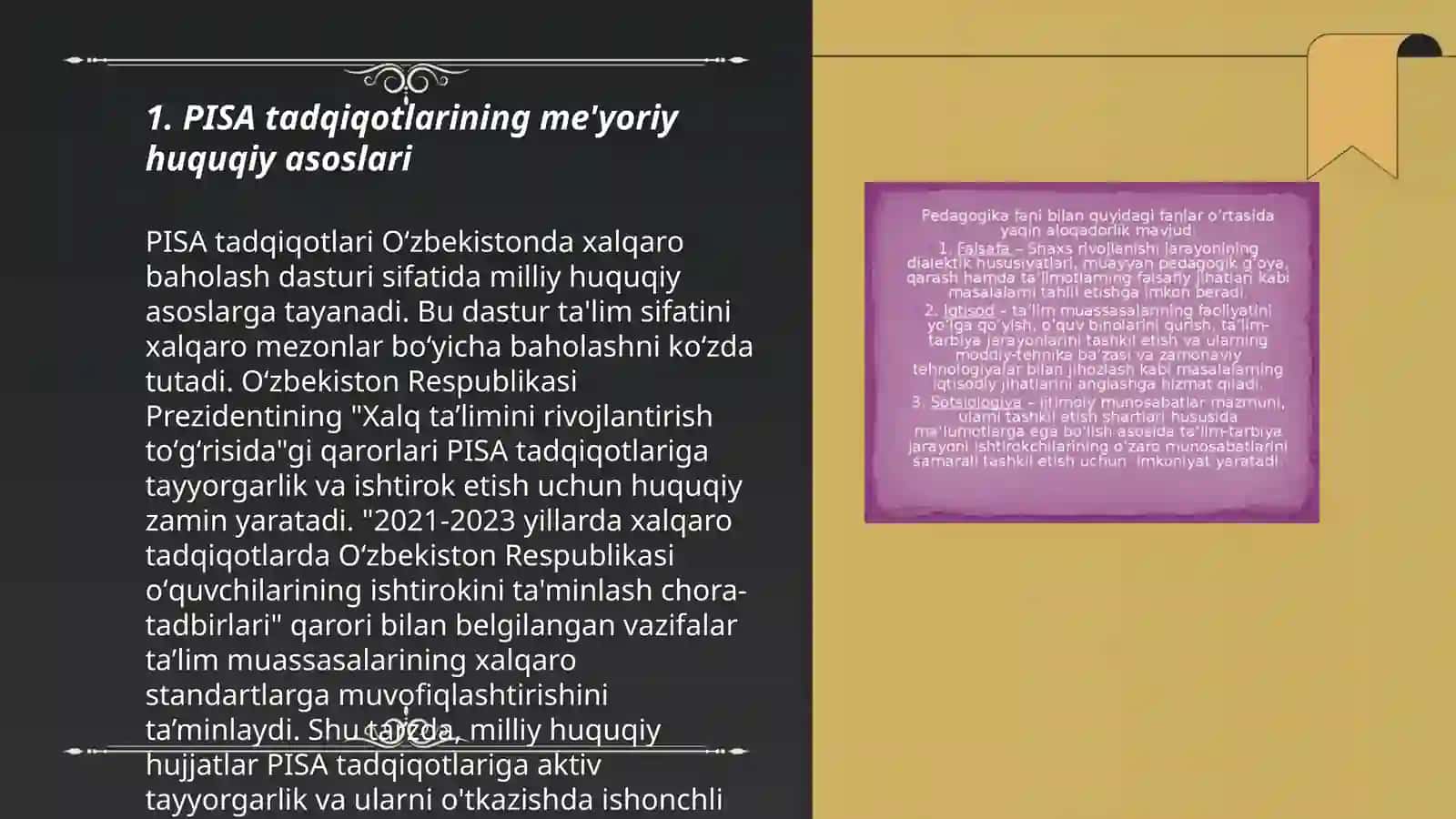 Xalq ta'limi tizimida ta'lim sifatini baholash bo'yicha xalqaro tadqiqotlarni ( Pisa, TIMSS, PIRLS, Talis) joriy etishning me'yoriy huquqiy asoslari, asosiy maqsadlar va chora tadbirlar 3