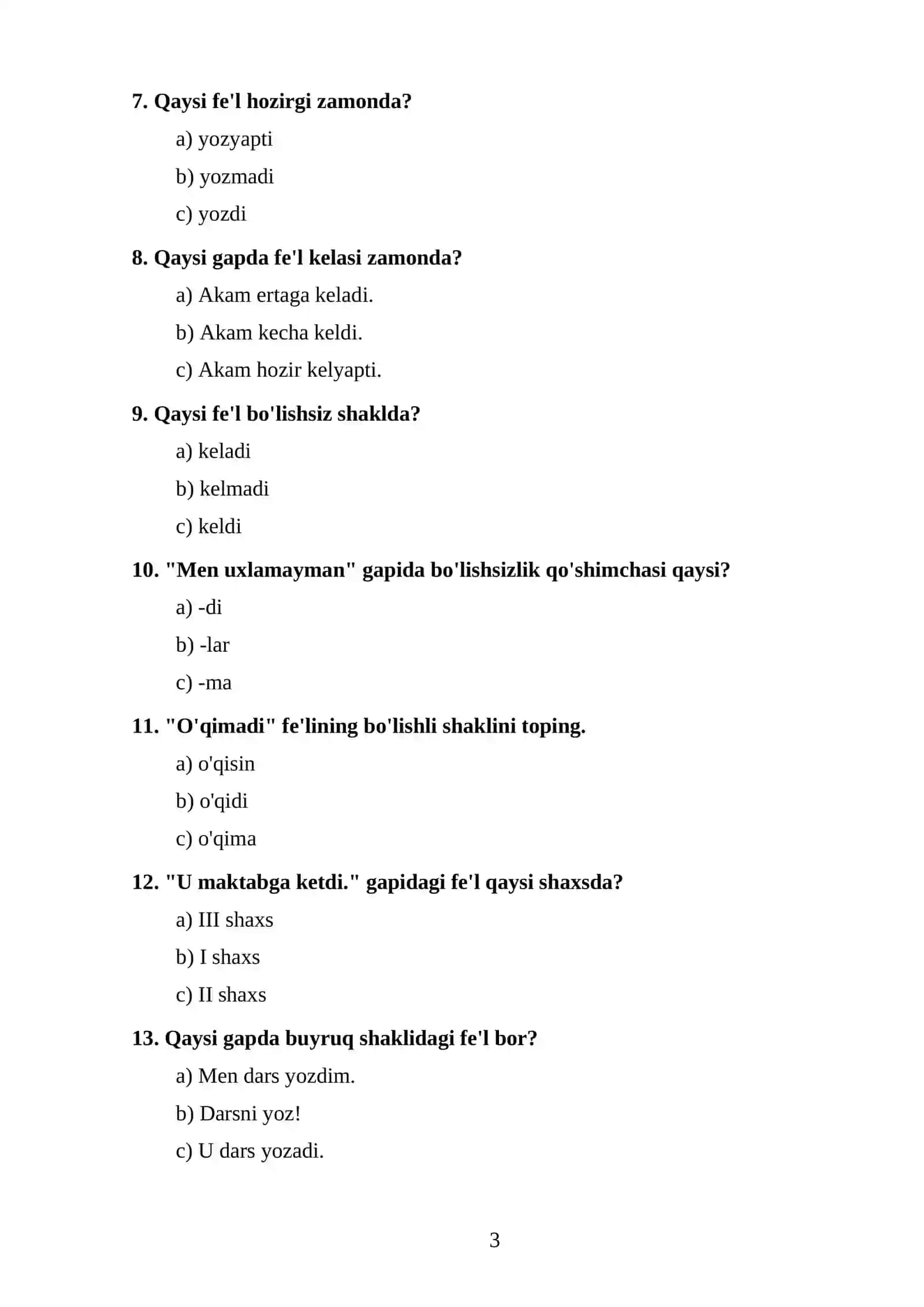 Fe'l va yordamchi so'z turkumlariga oid testlar (boshlang'ich sinf uchun) 3