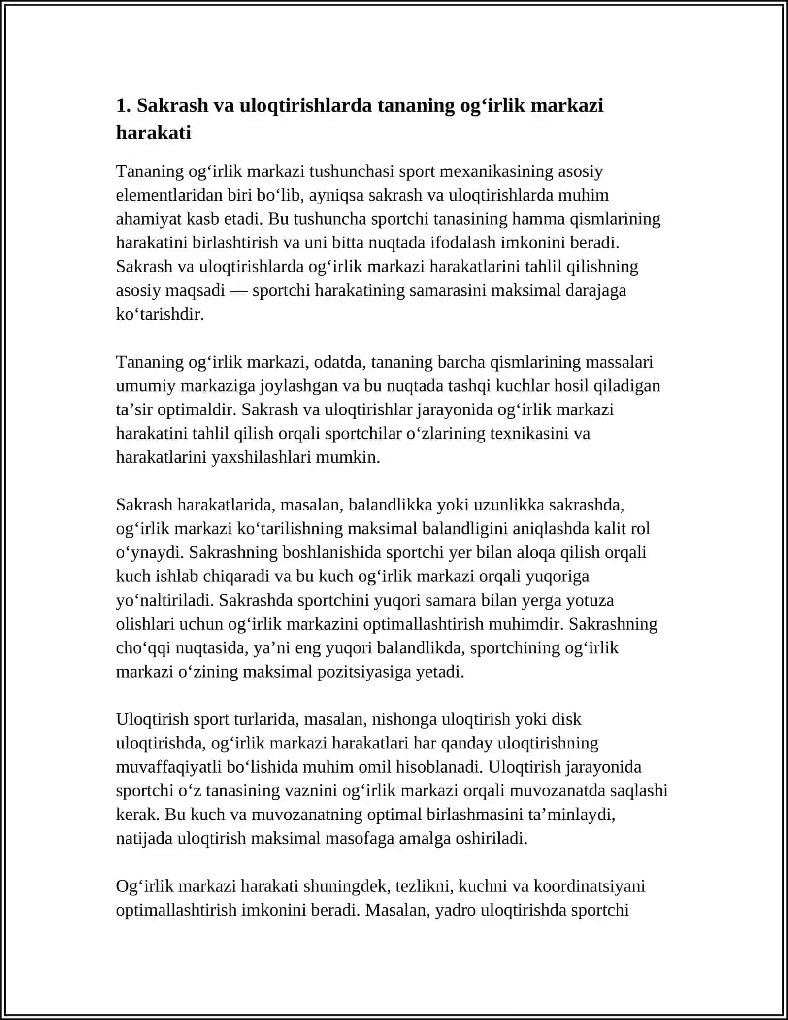 SPORT MEXANIKASI:SAKRASH VA ULOQTIRISHLAR FIZIKASI 3