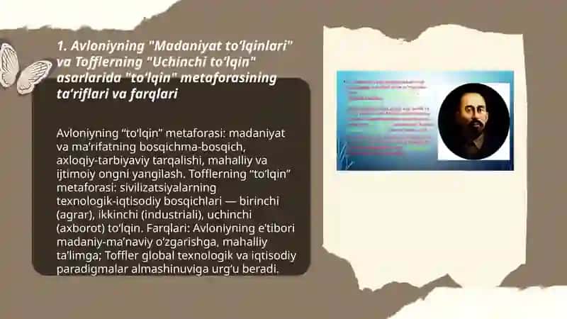 Avloniyning "Madaniyat toʻlqinlari" maqolasi va E. Tofflerning " Uchinchi toʻlqin" asarini taqqoslab muhokama qilish 3