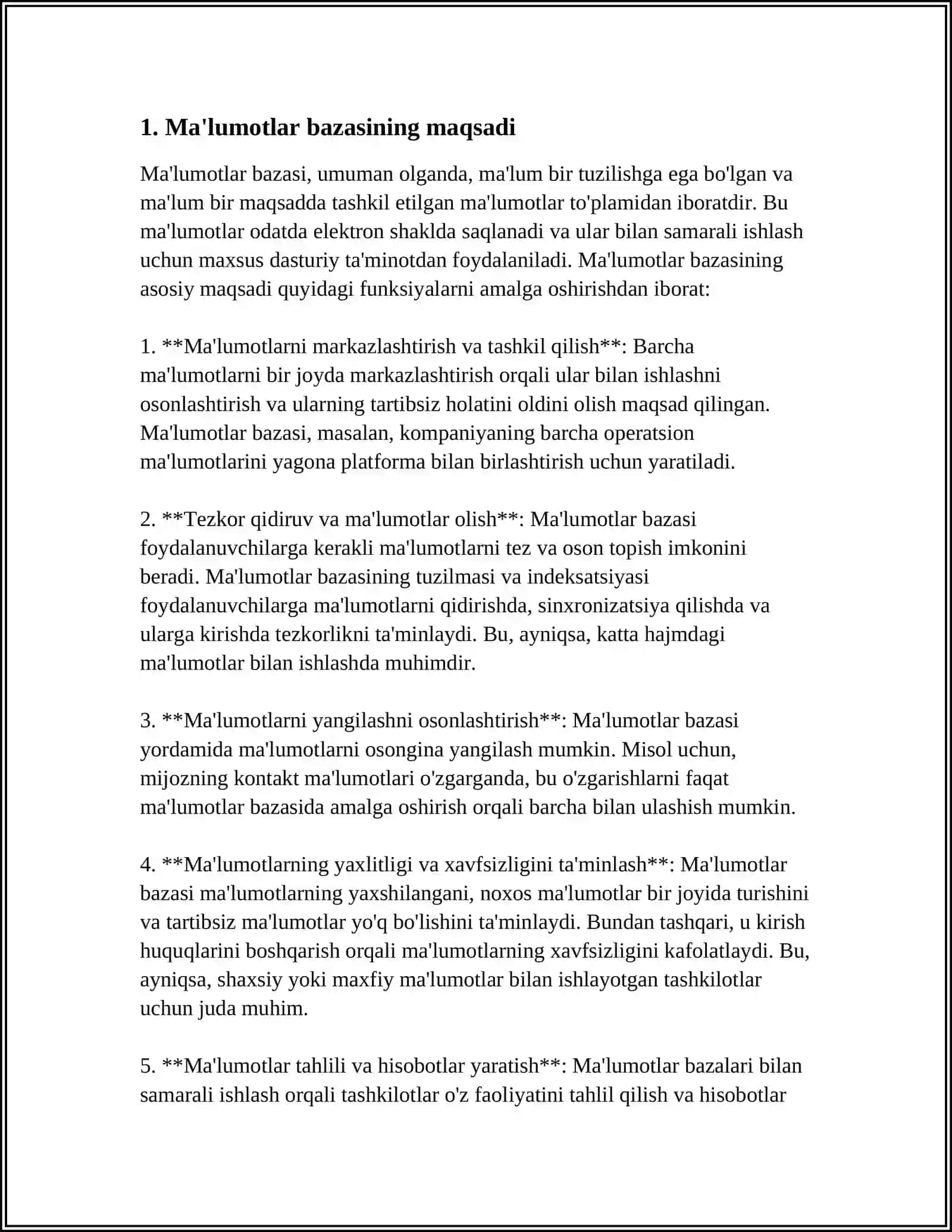 MA’LUMOTLAR BAZASINING MAQSADI, VAZIFALARI VA ASOSIY TUSHUNCHALAR 3