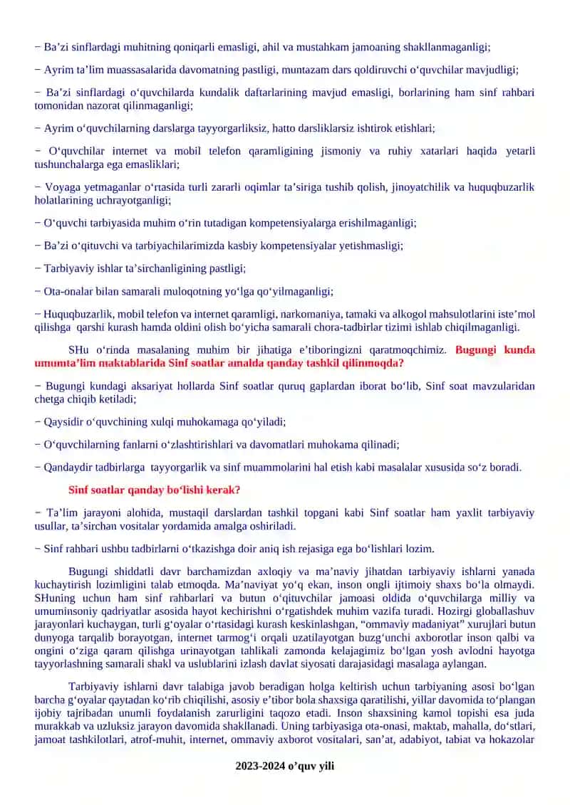 7-sinflar uchun Sinf soati Yillik ish reja va ishlanmalari 3