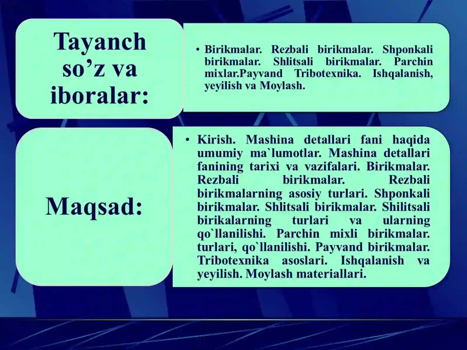 Parchin mixli birikmalar. turlari, qo`llanilishi. Payvand birikmalar. Tribotexnika asoslari. Ishqalanish va yeyilish. Moylash materiallari 3