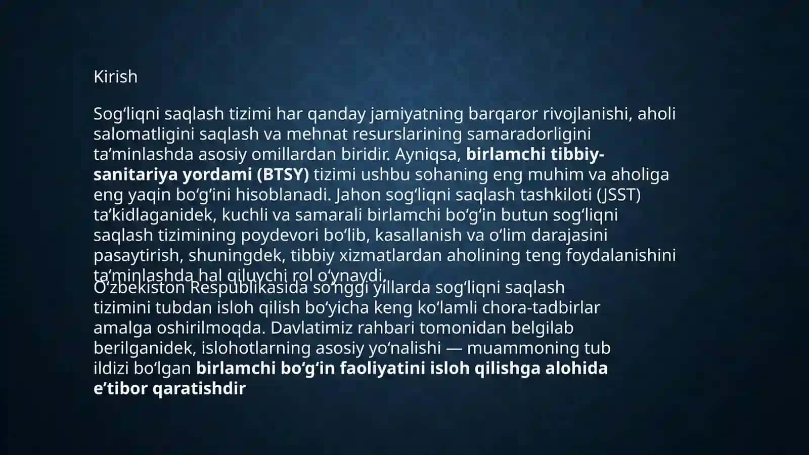 O'zbekiston respublikasida birlamchi tibbiy yordam va tibbiy snitariya hizmat ko'rsatishni rivojlantirishning aspektlari 3