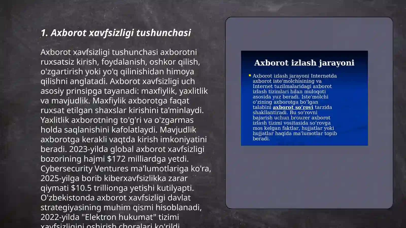 Axborot xavfsizligi va axborotni muhofaza qilish tushunchalari hamda O'zbekiston respublikasida axborotlashtirish va axborot xavfsizligi 3