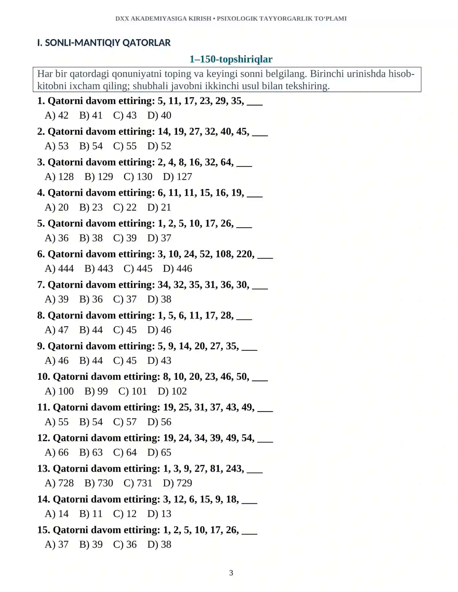 DXX AKADEMIYASIGA KIRISH 1000 TA PSIXOLOGIK TESTLAR TAYYORGARLIK TO‘PLAMI 2026-2027 3