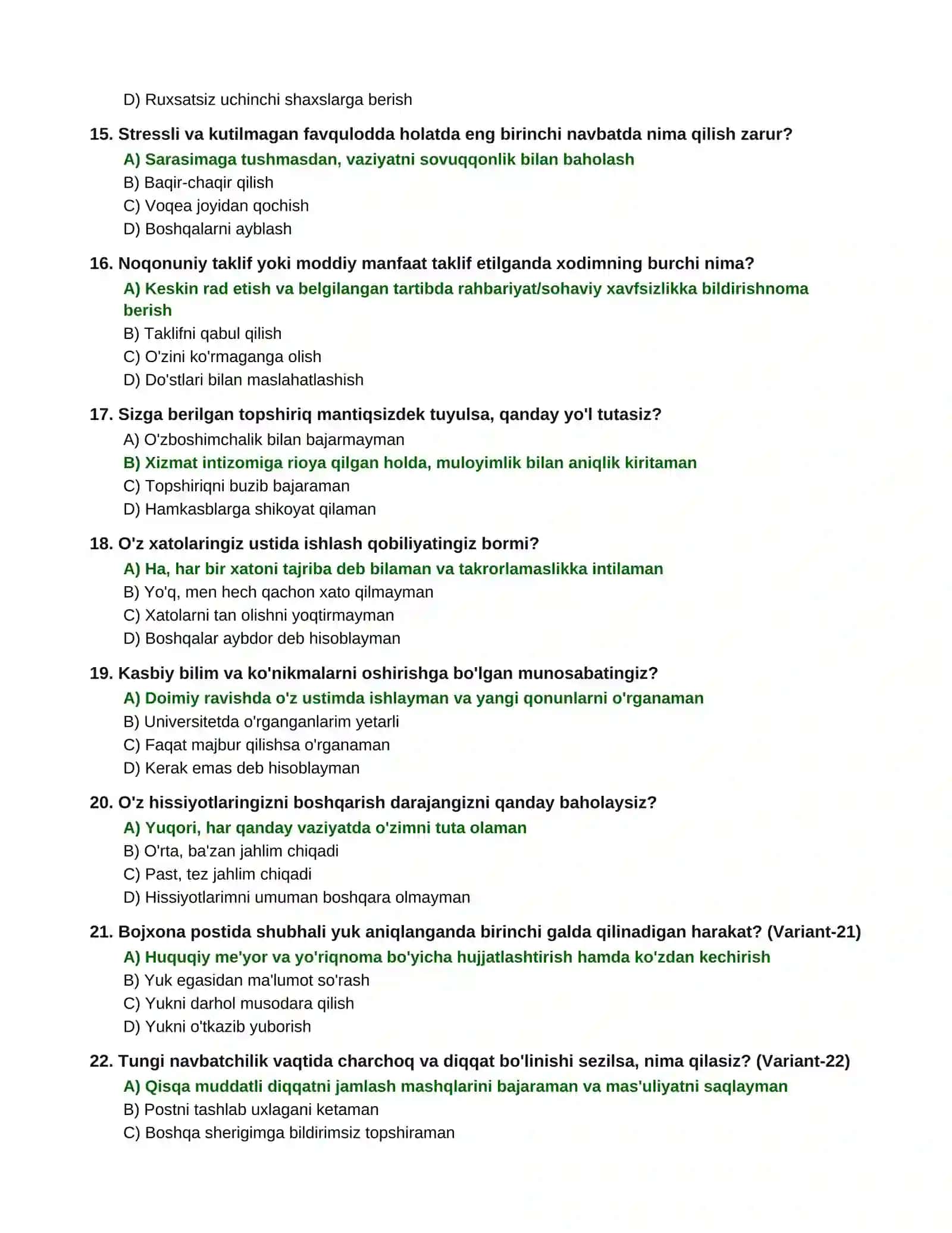 Bojxona xizmati psixologik test savollari va javoblari (86 ta) 3