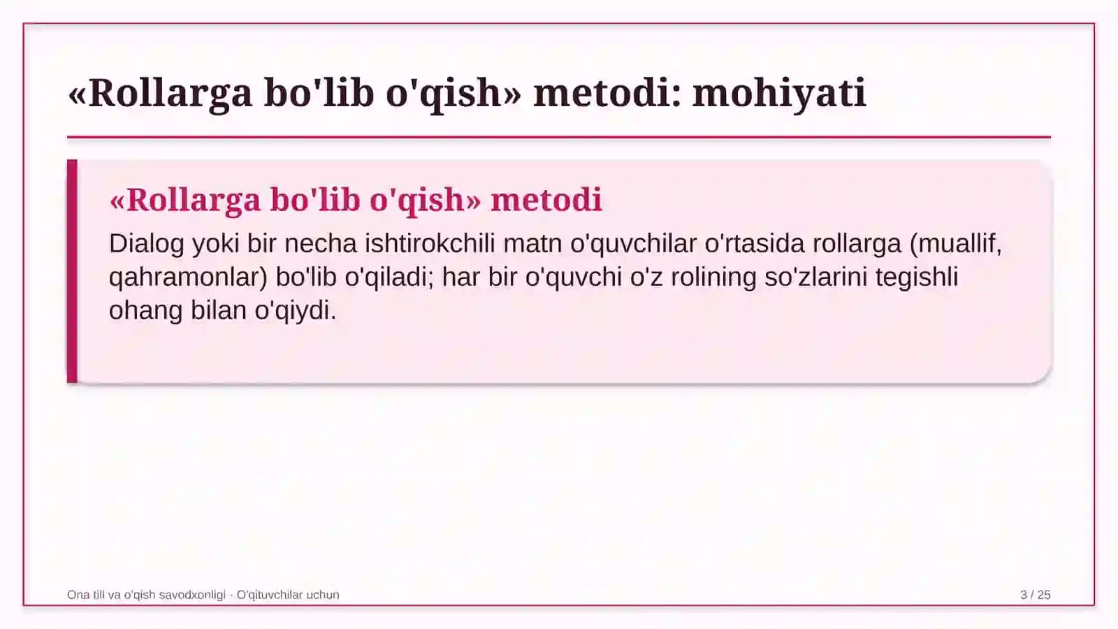 ona tili va o'qish savodxonligi darslarida rollarga bo'lib o'qish metodidan foydalanish 6131 3
