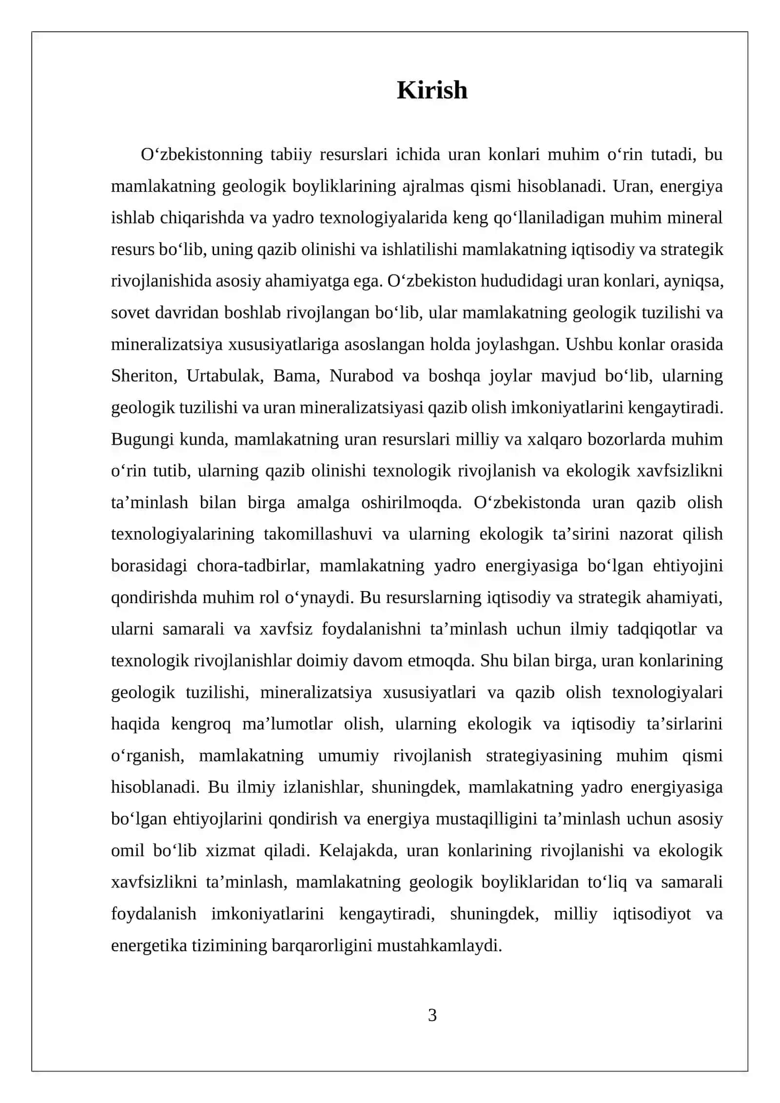 MUSTAQIL ISH OʻZBEKISTON HUDUDIDA JOYLASHGAN URAN KONLARI HAQIDA MALUMOT 3