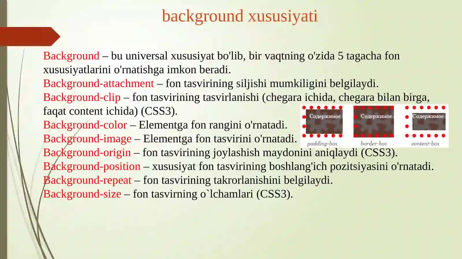 Element va fon rangi. Shrift. Matn va o`tish effektlari 3