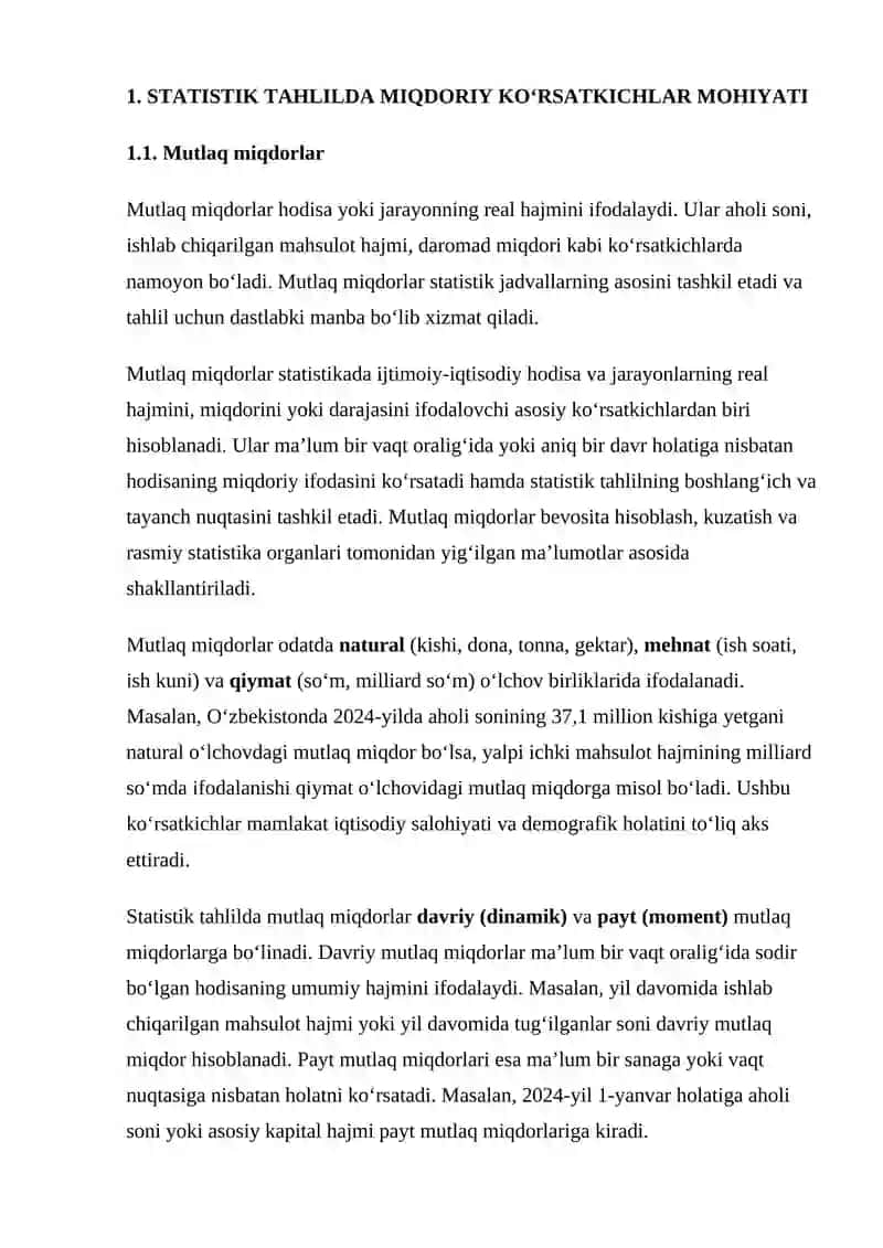TAQDIM ETILGAN STATISTIK JADVALLAR ASOSIDA MUTLAQ, NISBIY VA O‘RTACHA MIQDORLAR YORDAMIDA TAHLILIY MA’LUMOTNOMA TAYYORLASH (O‘ZBEKISTON MISOLIDA) 3