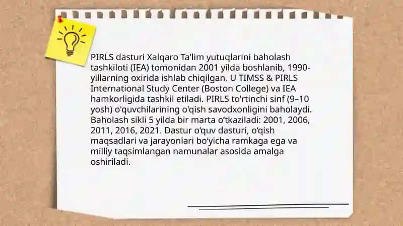 PIRLS, TIMSS, PISA,TALIS xalqaro baholash dasturlarining vujudga kelish tarixi va mazmun-mohiyati 3