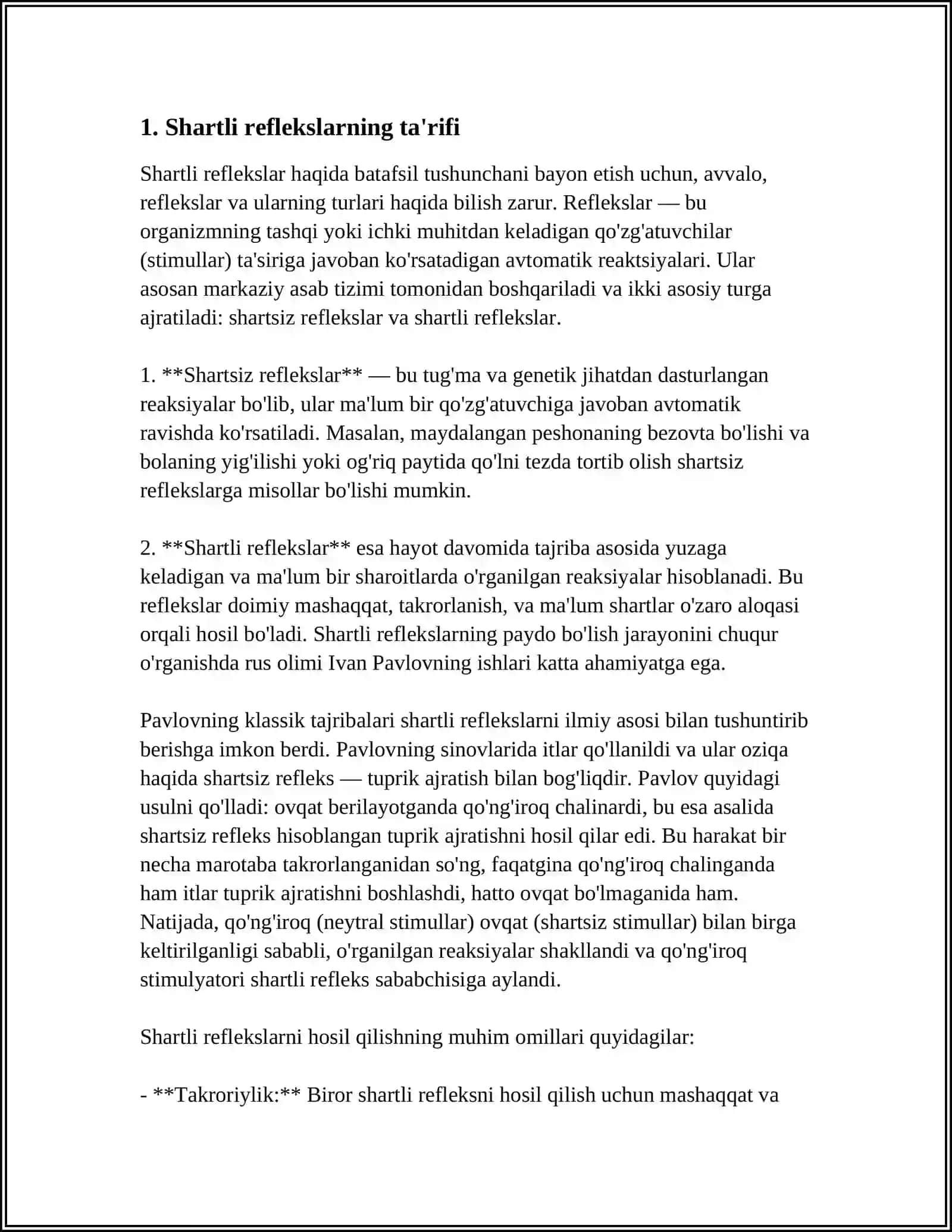 ASAB TIZIMI OLIY BO'LIMLARINING VAZIFALARI. SHARTLI REFLEKSLAR 3