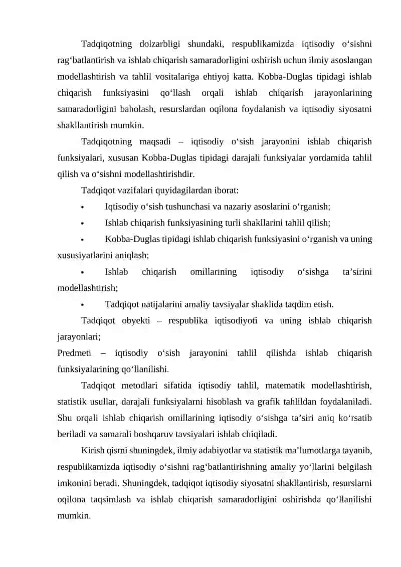 Iqtisodiy o‘sish jarayonini ishlab chiqarish funksiyalari yordamida tadqiq etish. 3