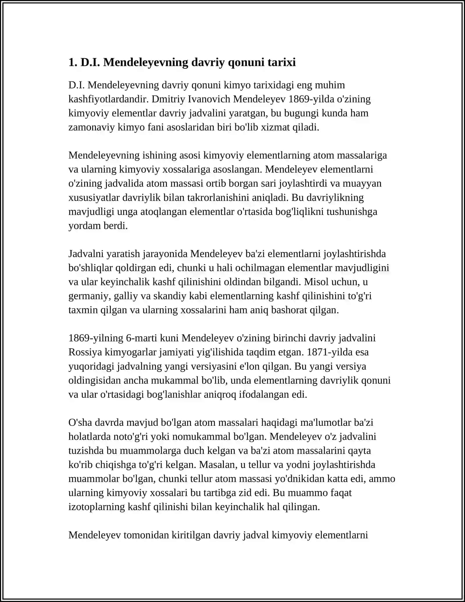 D.I.MENDELEYEVNING DAVRIY QONUNI VA ELEMENTLAR DAVRIY JADVALI. OZBEK KIMYOGARLARI 3