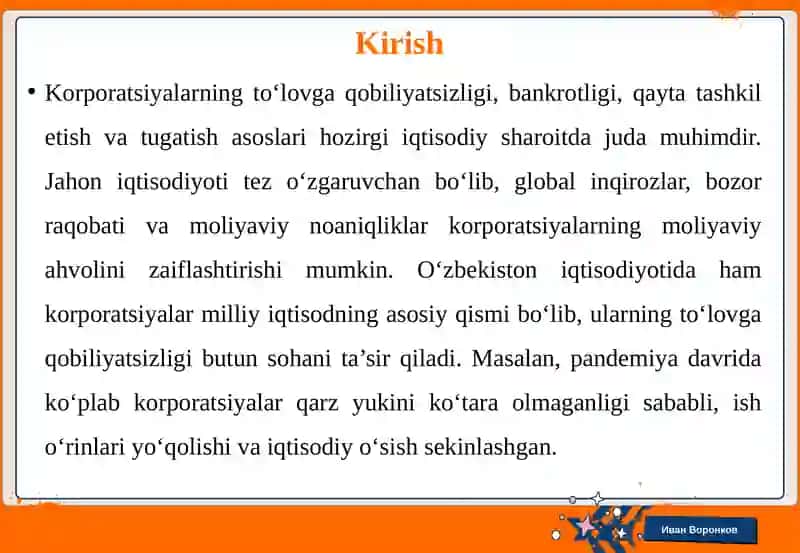 Korporatsiyalarning to‘lovga qobiliyatsizligi, bankrotligi, qayta tashkil etish va tugatish asoslari 3