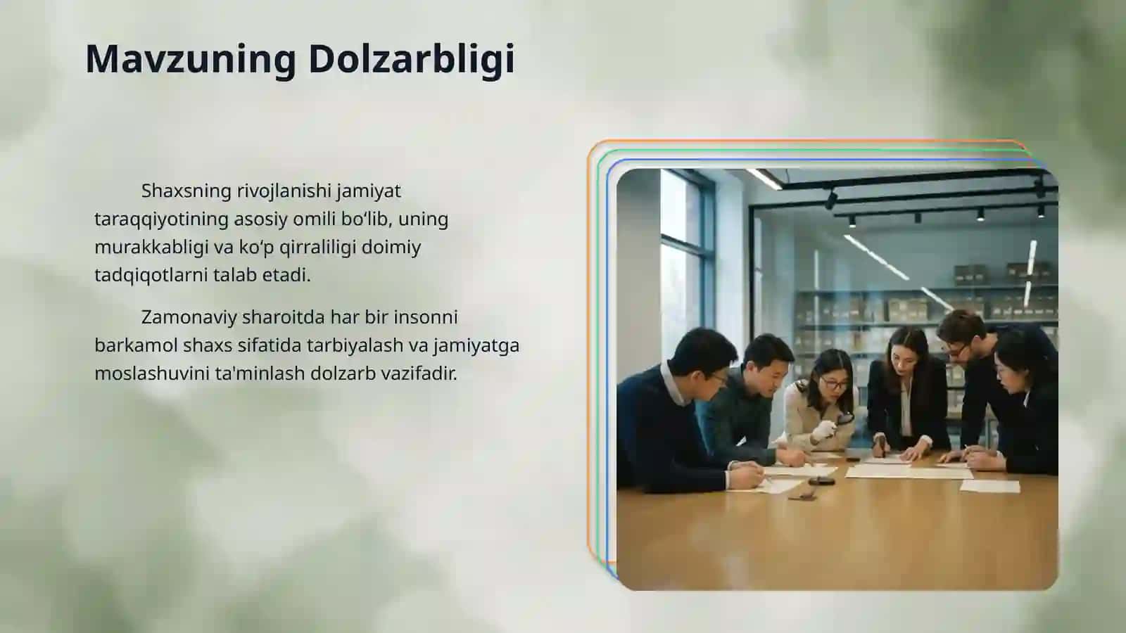 Shaxsning rivojlanishi, tarbiyasi va ijtimoiylashuvi. “Individ” va “shaxs” tushunchasi. Shaxs rivojlanishining ijtimoiylashuv bilan aloqadorligi. Shaxs rivojlanishida irsiyat, muhit va tarbiyaning tutgan o‘rni. Shaxs rivojlanishining yosh va psixologik xususiyatlari. 3