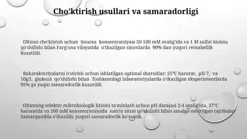 Oltinni mikrobiologik tanlab eritish va cho'ktirishning sharoitlari 3