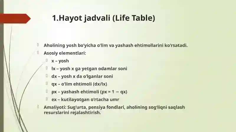 O'lim va demografik hodisalar ehtimoli jadvallari 3