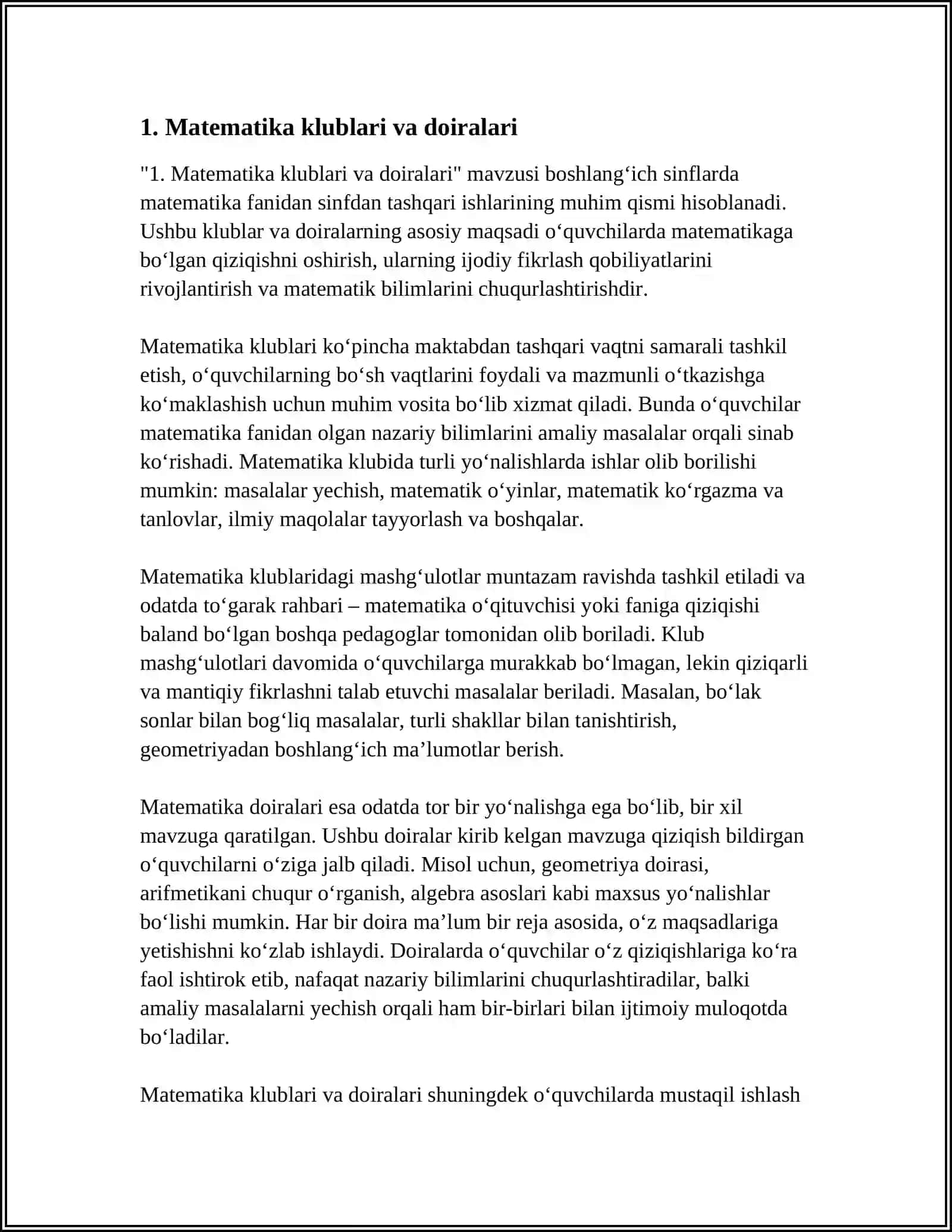 BOSHLANGʻICH SINFLARDA MATEMATIKADAN SINFDAN TASHQARI ISHLAR TURLARI 3