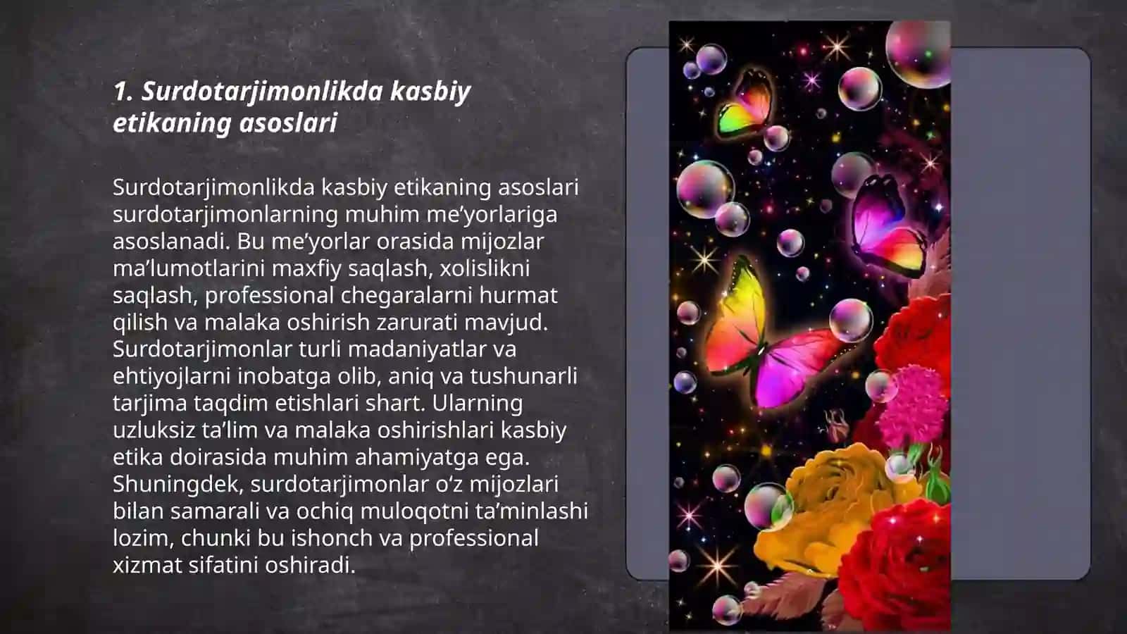 Surdotarjimonlikning kasbiy etikasi.Kasb turlari, ularning imo-ishorada ko'rinishi 3