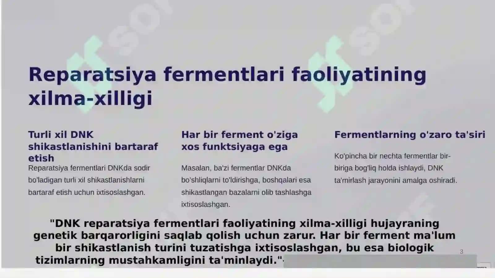 Reparatsiya fermentlari faoliyatining xilma-xilligi.Noallel genlarning oʻzaro tasi.Pleyatropiya. 3