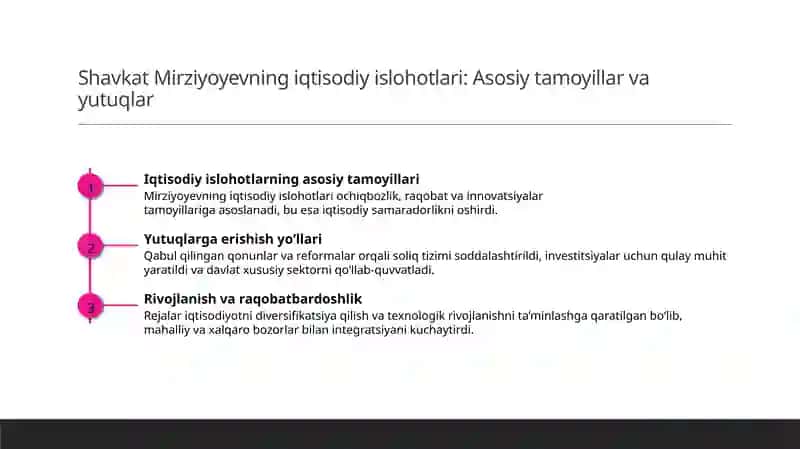 Shavkat Mirziyoyevning iqtisodiy islohotlari va rivojlanish strategiyalari 3