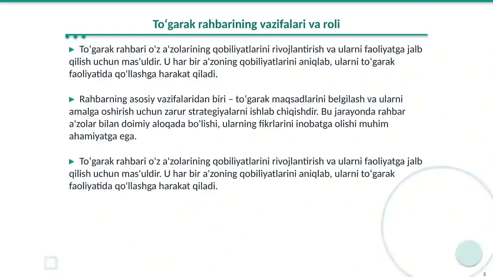 Toʻgarak rahbarining tashkiliy tayyorgarligi 3