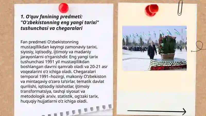 Kirish “O’zbekistonning Eng yangi tarixi “ o’quv faning predmeti, maqsadi va vazifalari, nazariy-metodologik tamoyyilari 3