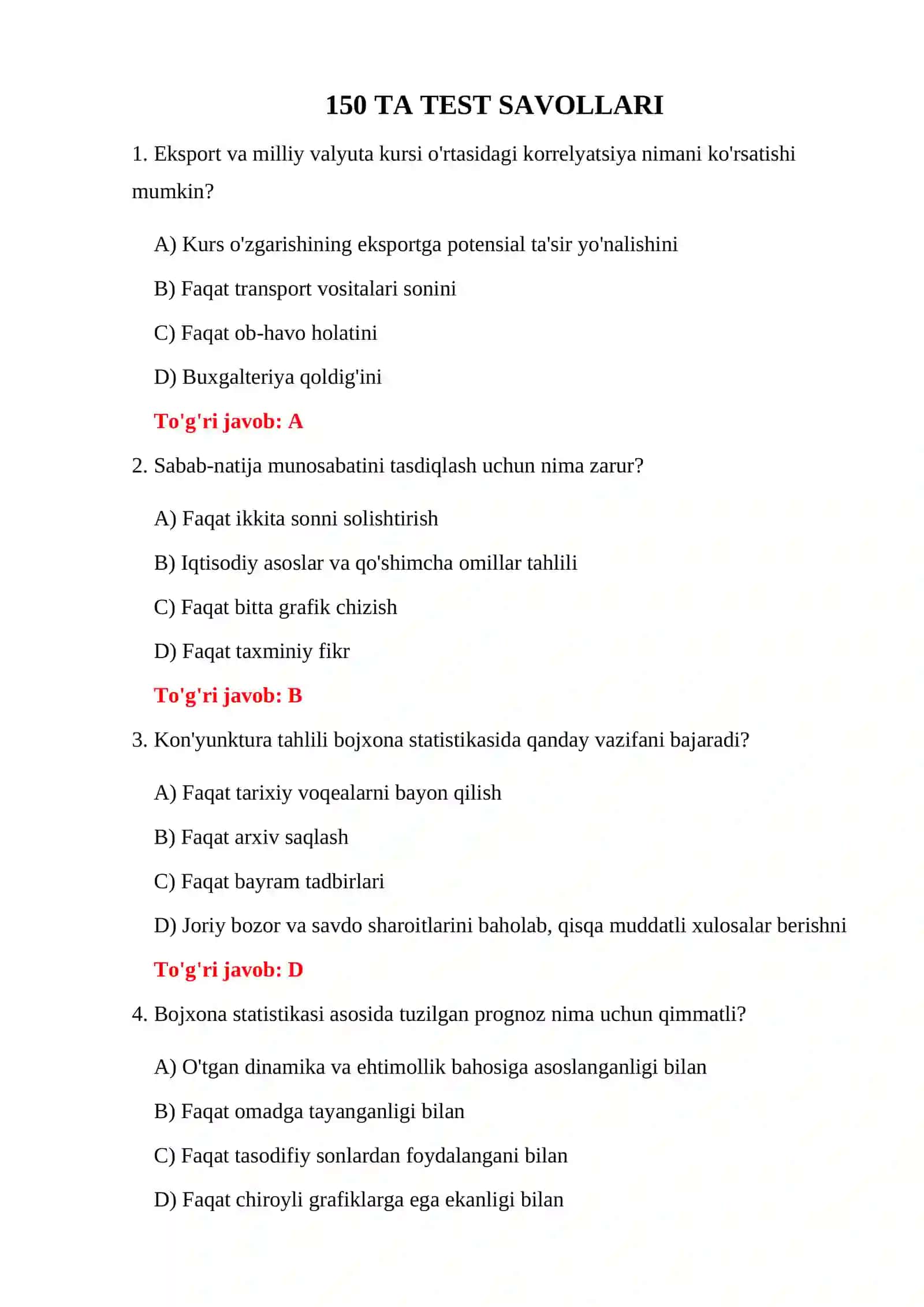 BOJXONA STATISTIK MA'LUMOTLARI TESTLARI 3