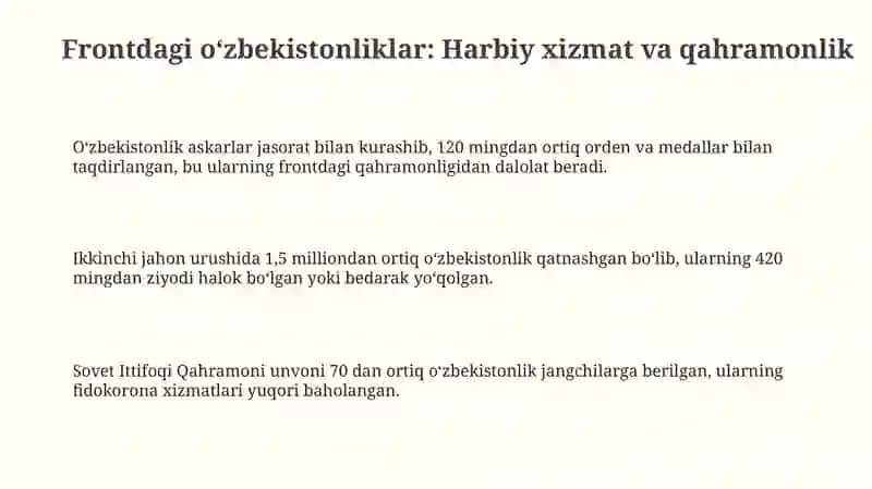 Ikkinchi jahon urushi davrida oʻzbek xalqining frontdagi va front ortidagi matonati 3