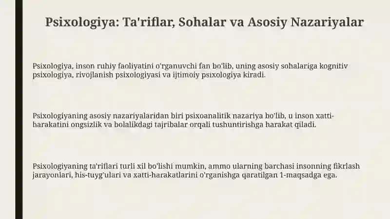 Psixologiya: Ta'riflar, Sohalar va Asosiy Nazariyalar 3