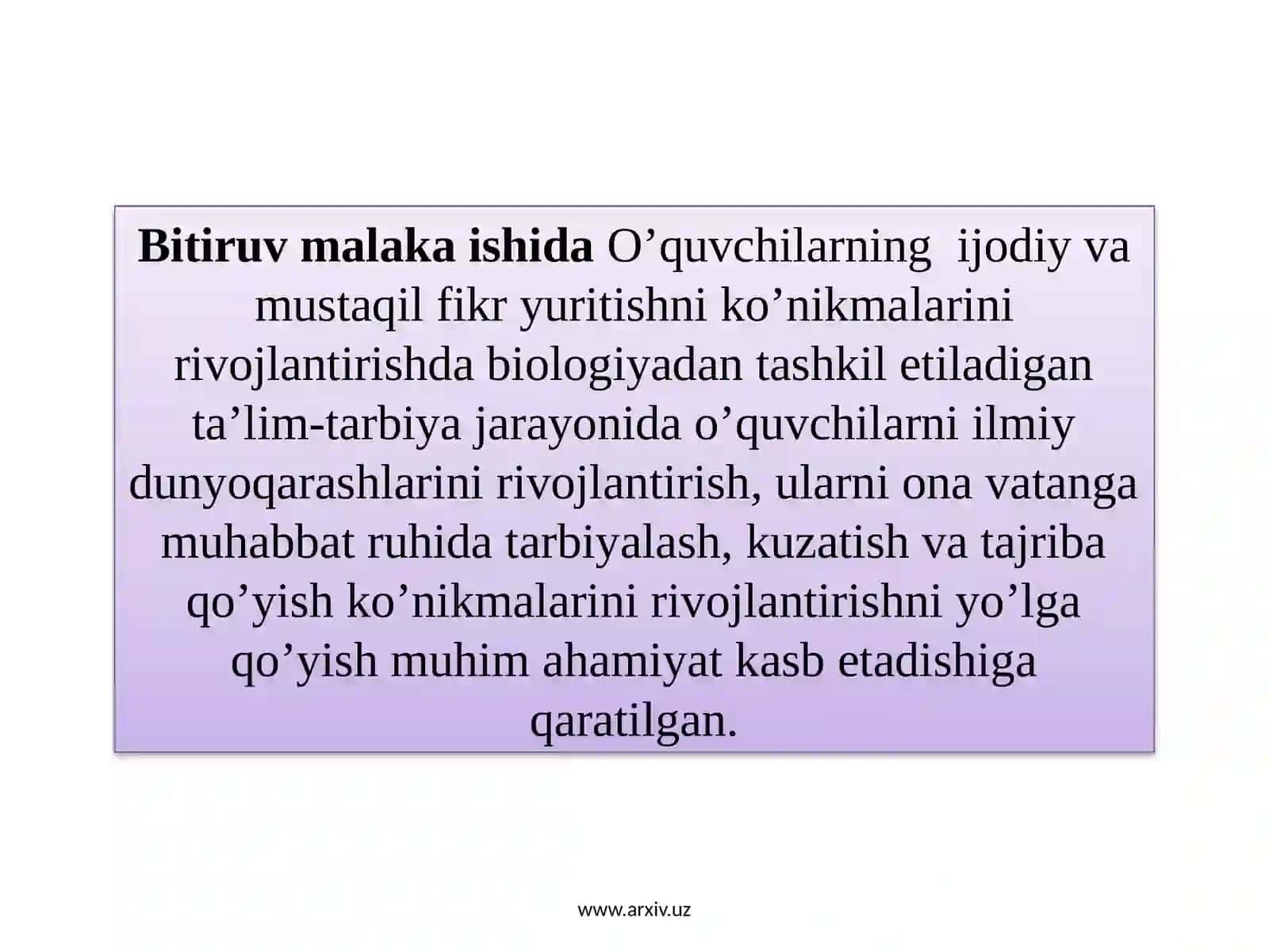 Biologiyani o’qitishda o’quvchilarning mustaqil va ijodiy fikr yuritish ko’nikmalarini tarkib toptirish yo’llari 3