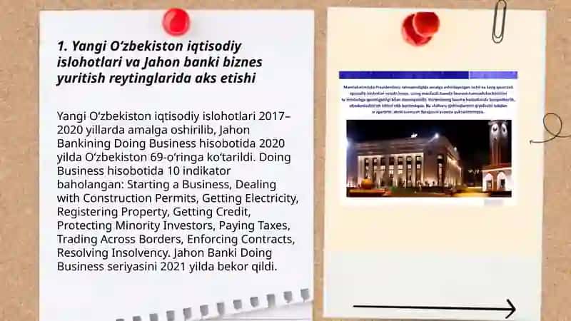 Yangi Oʻzbekiston iqtisodiy islohotlari va Jahon banki biznes yuritish reytinglarida aks etishi 3