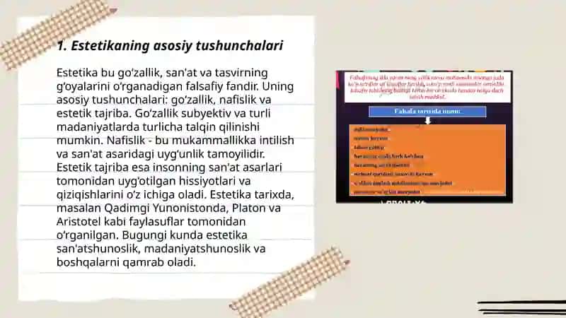 "Estetika" fanining obyekti va falsafiy mohiyati."Estetika" haqidagi qarashlar tarixi 3