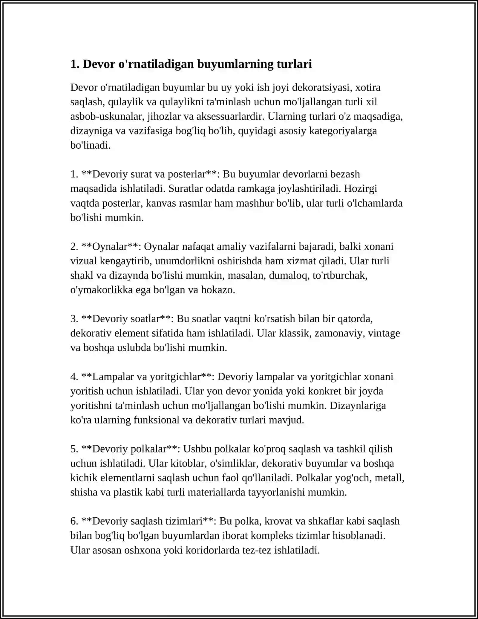 DEVORGA OʻRNATILADIGAN BUYUMLAR VA ULARNI QOTIRISH USULLARI 3