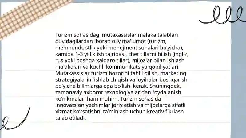 Turizm va Mehmondo'stlik Mutaxassis Kadrlariga Qo'yiladigan Talablar va Uning Huquqiy Me'yoriy Hujjatlarda Aks Etirish 3
