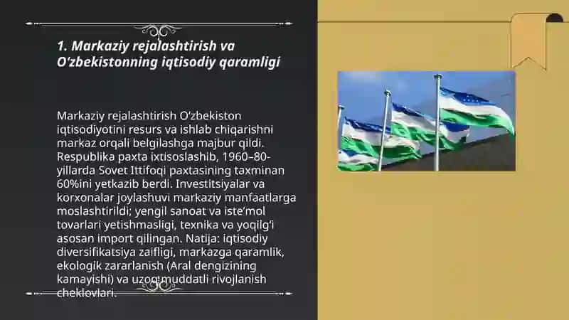 Oʻzbekistonning markazga ijtimoiy siyosiy va iqtisodiy qaramligi va uning oqibatlari 3