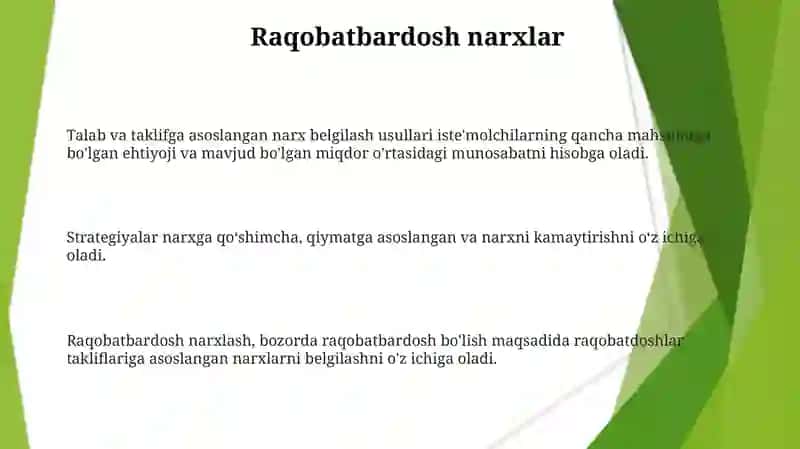 Talab va taklif qonunuga ko'ra narx belgilash usullari 3
