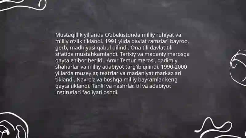 Mustaqillik yillarida Oʻzbekistondagi ma'naviy va madaniy taraqqiyot 3