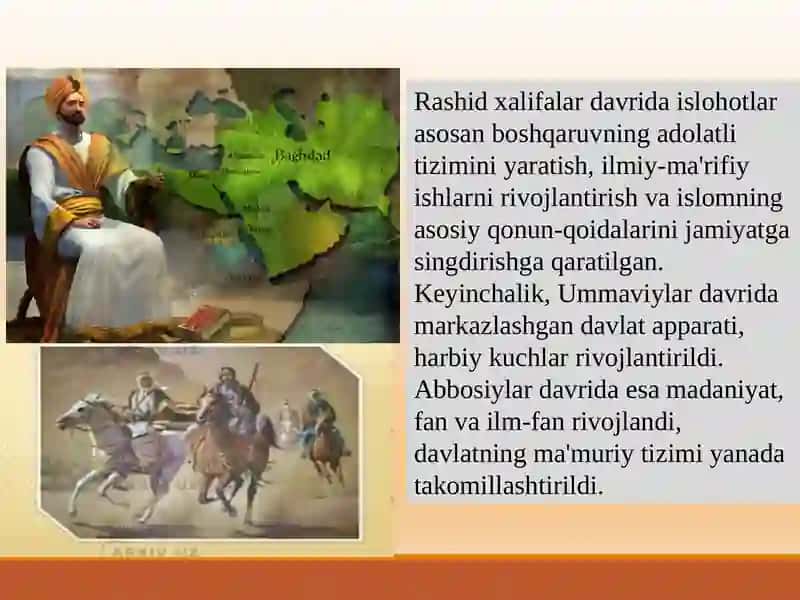 Rashid xalifalar hukmronligi davridagi islohotlarning mohiyati. Ummaviylar va Abbosiylar hukmronligi davrida dinga munosabat 3